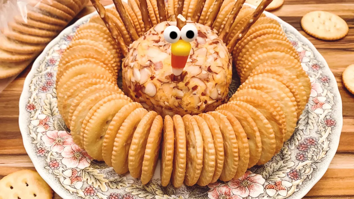 Thanksgiving Turkey Cheese Ball with Pretzel Feathers Recipe