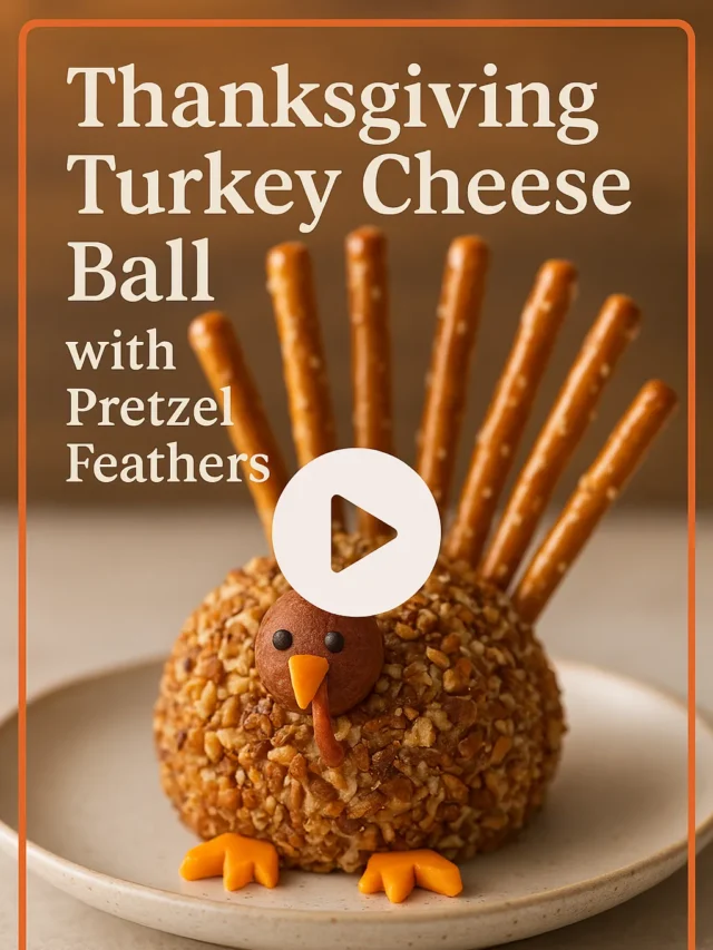 Thanksgiving Turkey Cheese Ball with Pretzel Feathers